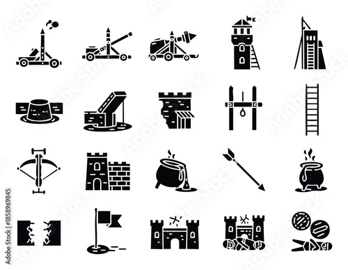 Collection of medieval siege warfare icons featuring castle defenses, war machines, and tactical elements, perfect for historical strategy games, educational resources, and graphic design