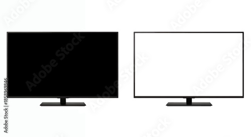 Two modern flat-screen televisions with blank black and white screens are isolated on a clean white background, perfect for design mockups and presentations.