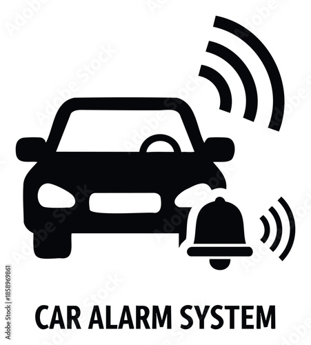 Black icon representing a car alarm system with a vehicle silhouette and a ringing bell, ideal for automotive security applications and user interface graphics
