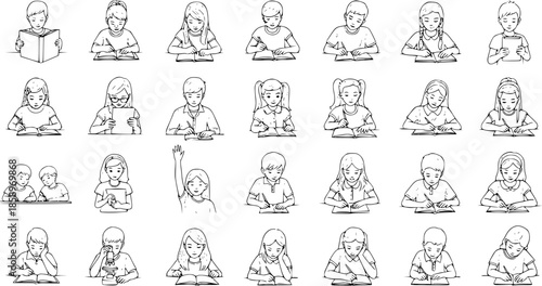 Black and White Line Art Children Studying and Reading Books, School Education Concept