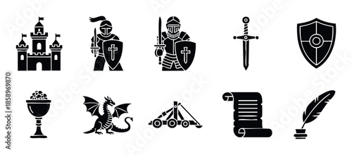 Medieval fantasy icons depicting castles, knights, dragons, and ancient artifacts, perfect graphic assets for historical game interfaces, educational presentations, or storytelling projects