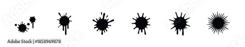 Dynamic collection of abstract black ink splatters and splashes suitable for edgy graphic overlays, grunge texture effects, and expressive modern design projects