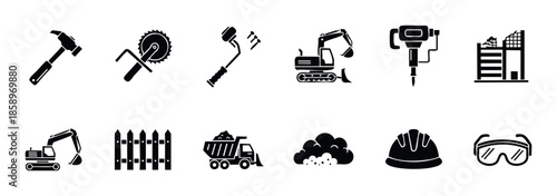 Comprehensive collection of essential construction equipment, demolition tools, building materials, and safety gear icons, ideal for civil engineering projects, architectural planning, and