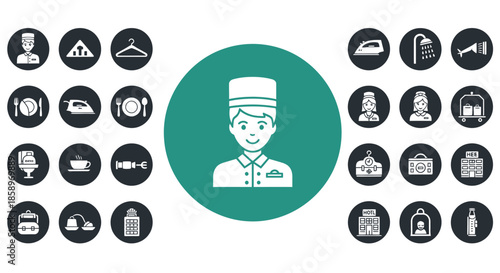 Hotel bellhop surrounded by various hospitality and service related icons in a circular arrangement.