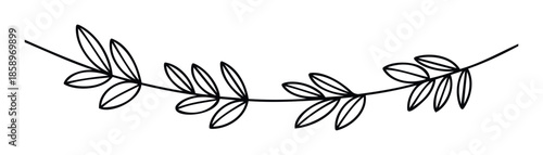 Minimalist botanical line drawing of a leafy branch creating a delicate organic design suitable for elegant decorative accents and natural inspired graphic compositions