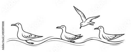 Group of seagulls depicted flying and peacefully floating on stylized ocean waves in a charming black line sketch, ideal for naturethemed projects or educational materials.