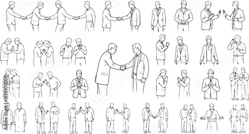 Black and White Line Art Collection of Business People Shaking Hands and Greeting