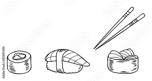 Hand drawn line art of Japanese sushi cuisine with nigiri maki and chopsticks perfect for restaurant menus food blogs or culinary promotions