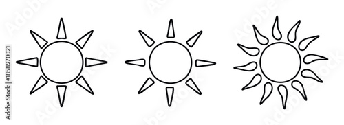 Set of various outlined sun icons with different ray styles ideal for weather applications educational materials website interfaces or graphic design projects