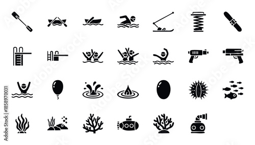A comprehensive collection of diverse water sports, aquatic activities, and marine life icons, alongside other recreational and essential elements, suitable for various digital and print