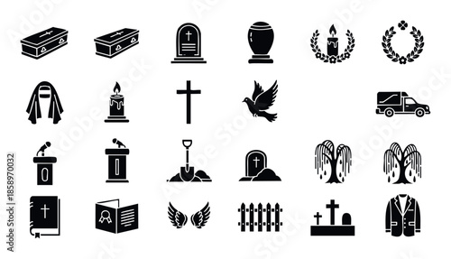 Comprehensive collection of funeral service and mourning ceremony icons representing remembrance, burial, and memorial themes, suitable for graphic design resources and bereavement