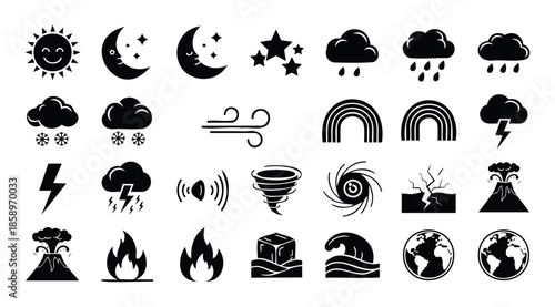 Comprehensive collection of weather and natural disaster icons featuring climate phenomena, catastrophic events, and environmental elements for educational materials, infographics, or