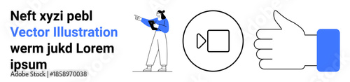 Female character pointing at tablet, video play button, and thumbs-up symbol. Ideal for communication, media, social networking, educational tools, branding, feedback systems and a simple landing