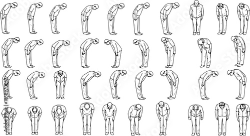 Japanese Bowing Business People Diverse Angles Black and White Line Art Vector Collection