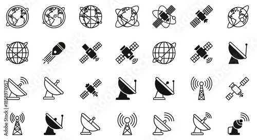 Set of communication and satellite icons representing global technology and signal transmission.