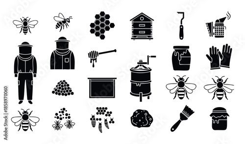 Comprehensive beekeeping set of modern icons showcasing various aspects of honey production, hive management, and apiary tools, perfect for educational materials, packaging, or