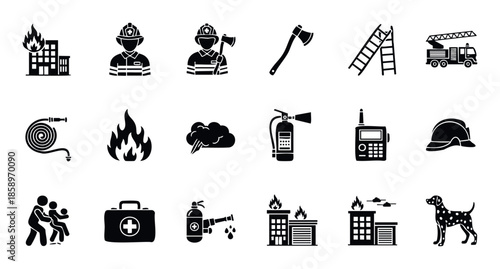 Comprehensive collection of essential firefighting and emergency service icons for safety presentations, educational materials, and public awareness campaigns related to fire prevention and