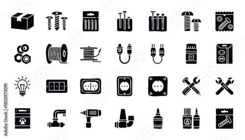 A comprehensive collection of hardware, tools, electrical components, and plumbing supplies useful for home improvement projects and professional construction work.