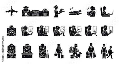 Air travel icons depicting various aspects of flying including crew, passengers, activities, and baggage for transportation and tourism related projects