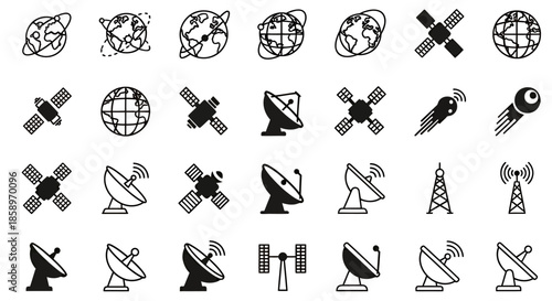 A comprehensive collection of black and white vector icons representing global communication, satellite technology, and terrestrial network connectivity.