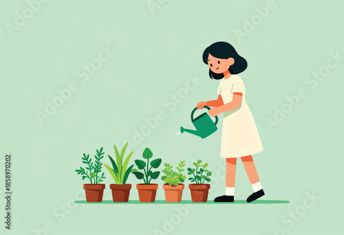 Woman watering potted plants with a watering can on a pastel background