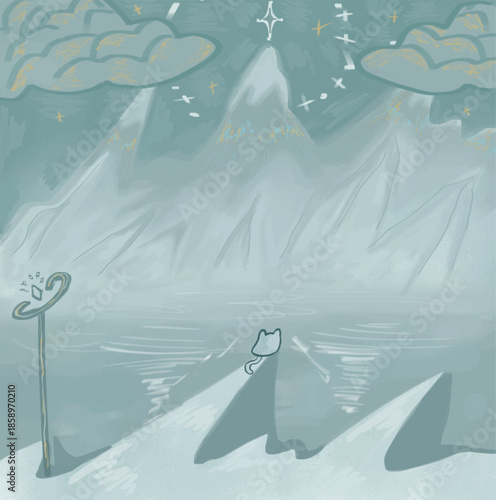 A whimsical, frozen winter landscape with distant mountains, a shimmering lake, and a small cat under a star-filled sky.