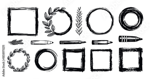 Collection of hand drawn brush stroke frames and organic elements including leaves and bullets perfect for grunge themed graphic design projects, invitations, and rustic prints.