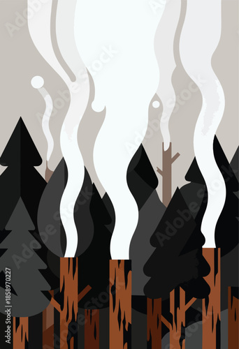 Stylized forest scene with smoke rising from felled trees