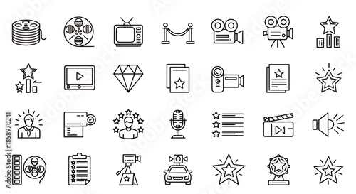 A comprehensive collection of minimalist line art vector icons representing film, television, media production, and award ceremonies on a clean white background.