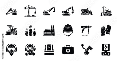Collection of essential black silhouette icons representing construction vehicles industrial safety equipment and emergency exit signs perfect for infographics and safety manuals
