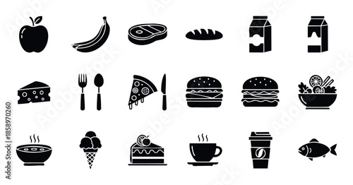 Collection of various food and drink icons representing essential grocery items and common meals for restaurant menus, cooking applications, and dietary planning