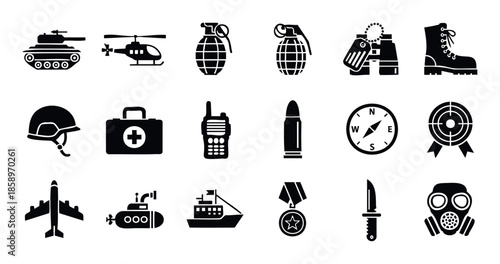 Diverse collection of military vehicles, weapons, essential equipment, and strategic symbols for creating powerful user interfaces, graphic applications, and web resources.