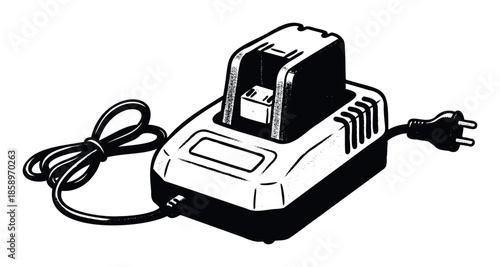 Cordless power tool battery charger with an inserted battery and connected electric cable, depicting an essential accessory for professional and home improvement applications