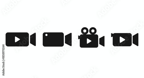 Set of four black video camera icons in minimalist style.