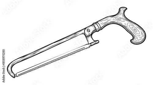 Detailed line drawing of a classic hacksaw with a distinct wooden handle and sharp blade, perfect for illustrating construction guides or industrial equipment usage.