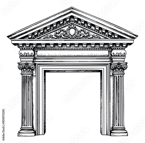 Elegant classical architectural entrance featuring a detailed pediment with a central medallion and fluted columns, ideal for historical themed presentations, book covers, and sophisticated