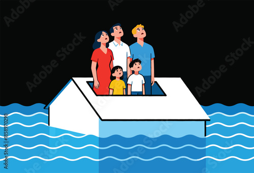 Family trapped in partially submerged house, gazing upwards at dark sky