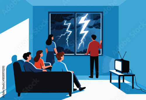 Family watches a dramatic thunderstorm from inside, while an old TV plays