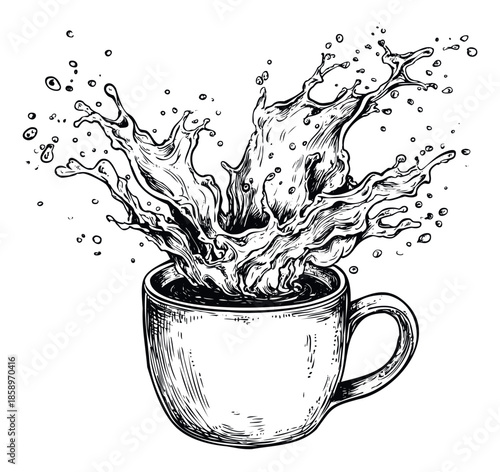 Dynamic coffee or tea splash from a traditional ceramic mug, ideal for drink menus, cafe advertisements, or kitchen decor projects.
