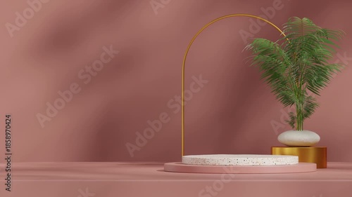 seamless loop shadow animation with gold arch, palm, red wall, 3d video rendering blank mockup of cylinder terrazzo podium