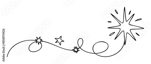 Handdrawn swirling line with scattered stars leading to a large sparkling star, perfect for event invitations, party decorations, or festive greeting designs