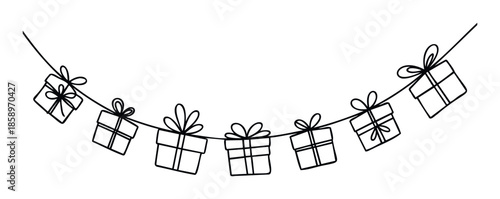 Minimalist gift box garland drawing in a continuous line style, excellent for adding a celebratory touch to seasonal event promotions, social media posts, or festive graphic projects.