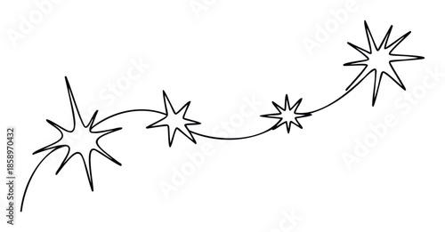 Flowing continuous line with stylized starburst elements representing a journey or progression, suitable for visual branding, celebratory designs, or web content.