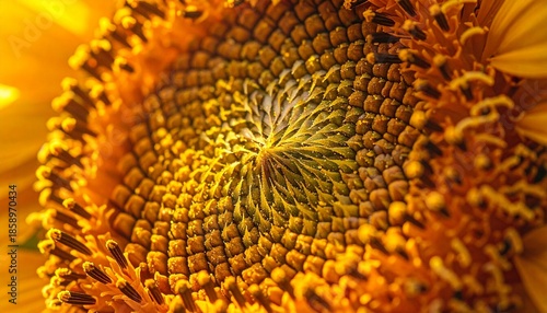 Close-up of a vibrant sunflower's intricate center, showcasing nature's patterns through its golden spirals and developing seeds, bathed in warm sunlight