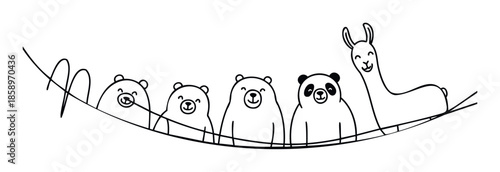 Cute animal characters featuring several happy bears a lovable panda and a friendly llama joyfully sitting on a suspended rope, perfect for kids entertainment print materials and