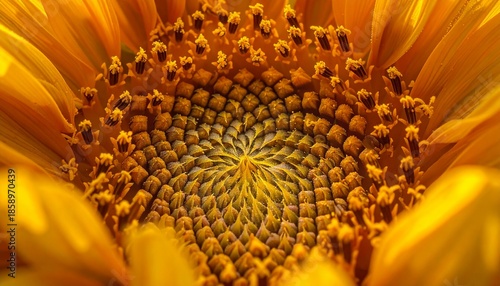 Close-up Macro Shot of a Sunflower's Vibrant Yellow Petals and Intricate Seed Pattern