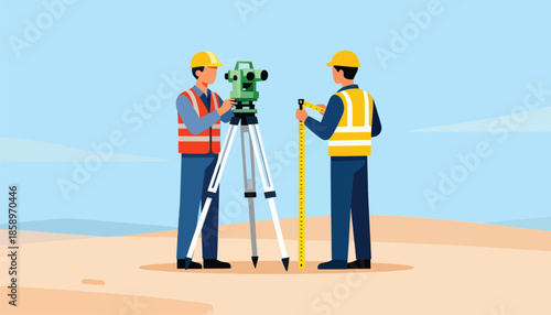 Two surveyors in safety gear use a total station and tape measure outdoors
