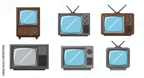 Collection of six vintage television sets with antennas in various styles and colors.