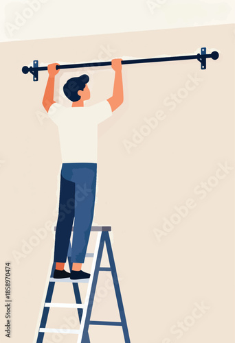 Person on ladder installing curtain rod