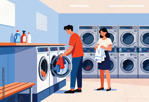 A couple does laundry at a communal laundromat, surrounded by washing machines